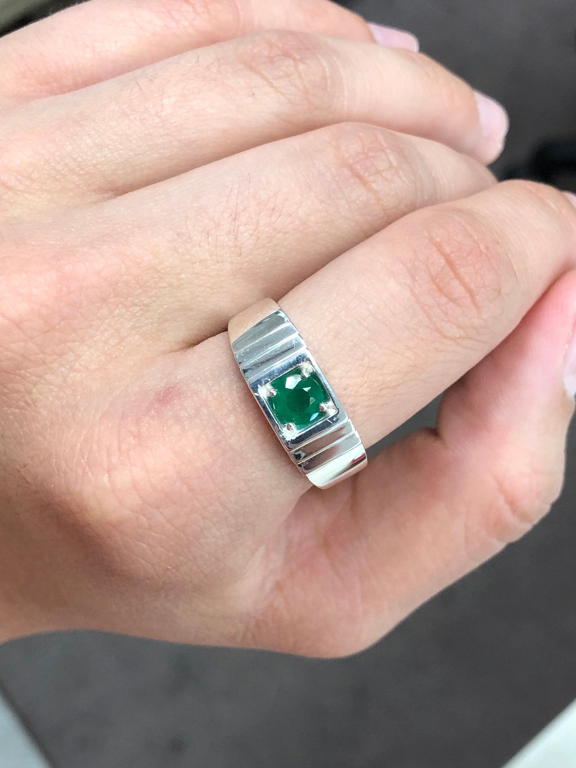7 Carat Natural Emerald Sterling Silver Ring For Men - Adjustable Sizes 5-12