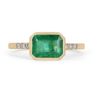 1.15tcw 14K Natural Emerald-Emerald Cut & Diamond Shank Accents, Emerald Diamond Engagement Ring, Horizontal Emerald Cut Emerald Diamond Rin