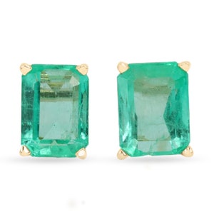 2.05tcw Smaragdschliff kolumbianischer Smaragd Ohrstecker Gold, Klassisches Set Korb Rechteck Smaragdschliff Smaragd 14K Goldstecker Mai Birthstone