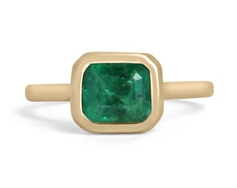 2.20ct 14K Natural East To West Emerald Cut Solitaire Bezel Ring, Gold Bezel Emerald Ring, E-W Solitaire Emerald Ring, Simple Emerald Ring