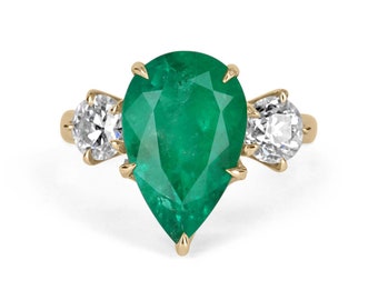 6.68tcw 18K Colombian Emerald & Diamond Three Stone Ring, Prong Set Pear Emerald Three Stone Gold Ring, Emerald Diamond Engagement Ring