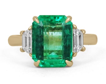 4.80tcw 3 Stone AAA Quality Heirloom Colombian Emerald & Trapezoid Diamond 18K Engagement Ring, Emerald Diamond 3 Stone Anniversary Ring 18K