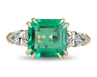 4.56tcw 18K GIA F1 Three Stone Emerald & Diamond Ring, Emerald w/ Pear Diamond Ring, 18K Emerald Diamond Ring, Emerald Diamond 3 Stone Ring