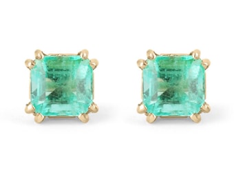 1.73tcw 14K Chic and Trendy Green Emerald Earrings, Colombian Emerald Stud Earrings, Princess Cut Emerald Gold Floral Studs May Birthstone