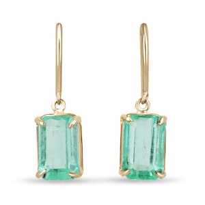 4.90tcw 14K Colombian Emerald-Emerald Cut Gold Dangle Earrings, Light Spring Green Emerald Earrings, Gold Solitaire Prong Set Dangle Earring