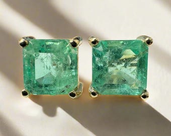 3.97tcw Earthy-Spring Green Asscher Cut Colombian Emerald Studs 14K, 14K Emerald Earrings, Emerald Push Back Earrings, Natural Emerald Studs