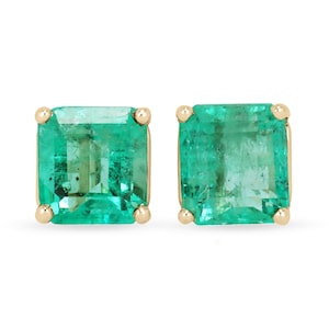 2.17tcw 14K Square Cut Four Prong Emerald Floral Earrings, Colombian Emerald Stud Earrings, Natural Emerald Gold Studs, May Birthstone