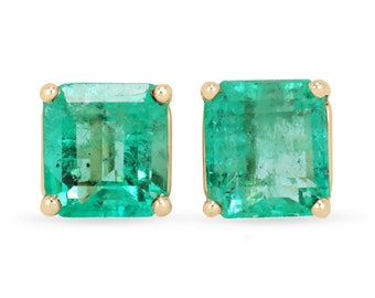 2.17tcw 14K Square Cut Four Prong Emerald Floral Earrings, Colombian Emerald Stud Earrings, Natural Emerald Gold Studs, May Birthstone