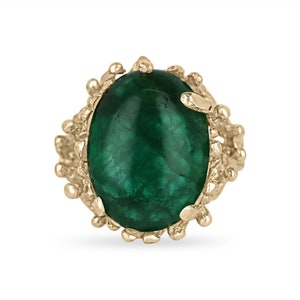 12ct 14K Dark Green Natural Oval Cabochon Cut Emerald Solitaire Gold Nugget Statement Ring, Gold Ruffle Cabochon Emerald Unique Zambian Ring