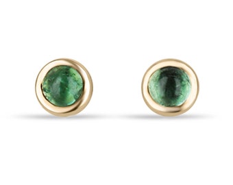 0.20tcw 14K Natural Round Cabochon Cut Emerald Stud Earrings, Petite Baby Emerald Studs, Lush Medium Dark Green Emerald Bezel Set Studs 585