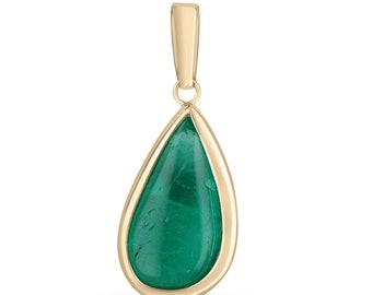 4.01ct 14K Natural Colombian Pear Shaped Cabochon Cut Emerald Pendant Necklace, 585 Yellow Gold Open Back Bezel Set Emerald Cabochon Pendant