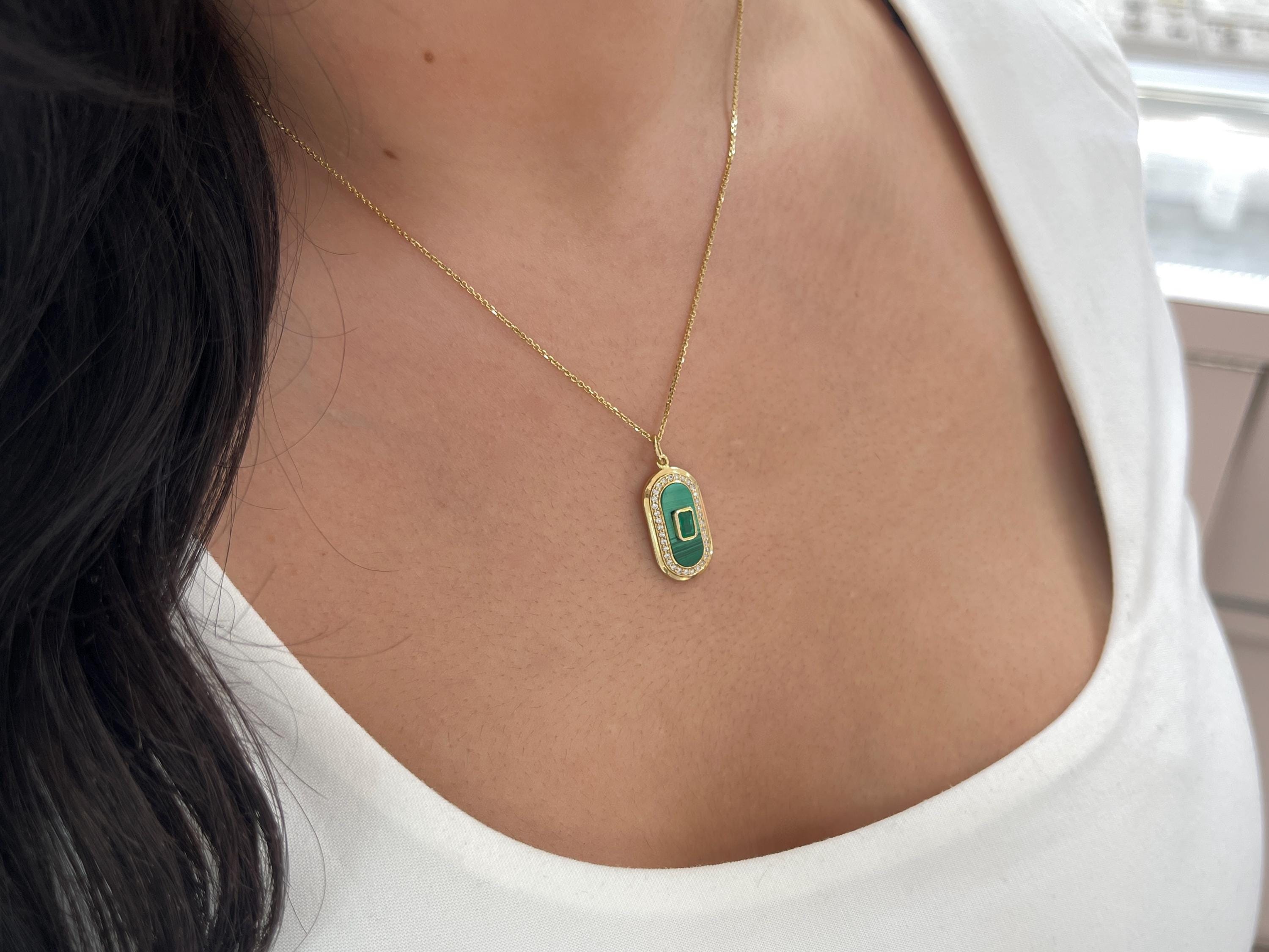 3.98tcw 14K Natural Emerald, Diamond, Malachite Elongated