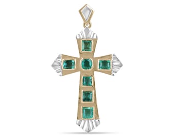 2.55tcw 18K Natural Pre-Colombian Gold Cross, Unisex Two Toned Yellow White Gold Emerald Cross, Emerald Cut Emerald & Asscher Bezel Set 750