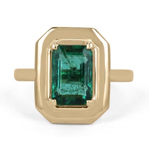 2.77ct 18K Natural Emerald Cut Emerald Solitaire Gold Ring, Four Prong Half Bezel Set Yellow Gold Engagement Ring,Medium Mossy Green Emerald