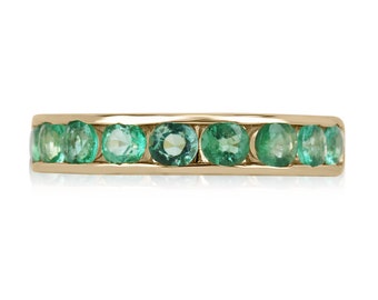 1.60tcw 14K Round Cut Emerald Eternity Band Ring, Medium Green Round Emerald Unisex Band Ring, Men's Engagement Band Ring, Emerald Eternity