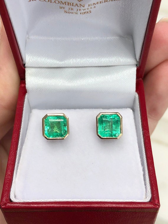 5.0tcw BIG Heirloom Emerald Earrings 14K Emerald Bezel Stud