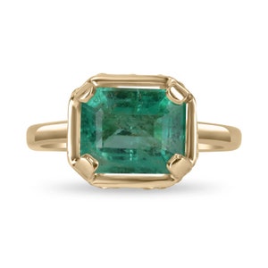 Modern 0.90tcw 18K Colombian Emerald-Emerald Cut Solitaire Engagement Ring, Rectangle Emerald with Hidden Diamond Halo Accent Wedding Ring