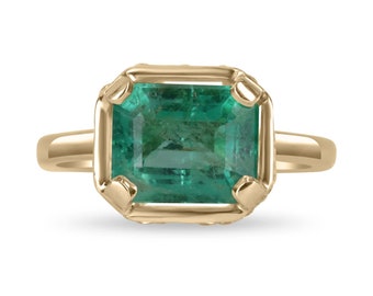 Modern 0.90tcw 18K Colombian Emerald-Emerald Cut Solitaire Engagement Ring, Rectangle Emerald with Hidden Diamond Halo Accent Wedding Ring