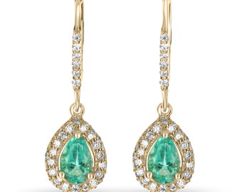 2.50tcw Tear Drop Colombian Emerald and Round Diamond Pave Lever back Hook Earrings 14K, Pear Emerald & Diamond Lever back Earrings Gold