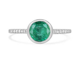 1.60tcw 14K Natural Round Emerald & Diamond Accent Ring, Medium Dark Green Emerald Open Bezel Set, Natural Round Cut Diamond Shank Accents