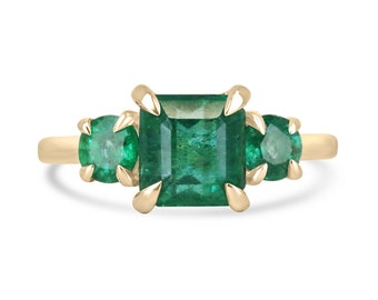 3.01tcw 14K Natural Asscher Cut Emerald Three Stone Trilogy Ring, Round Cut Emerald Side Accents, Lush Green Emerald Claw Prong Set in 585