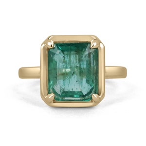 4.35ct 14K Natural Emerald Cut Emerald Solitaire Gold Ring, Four Prong Half Bezel Set Yellow Gold Engagement Ring,Medium Mossy Green Emerald