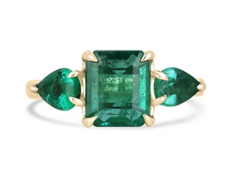 3.08tcw 14K Natural Asscher Cut Emerald & Pear Emerald Three Stone Ring, Lush Dark Green Emerald Trilogy Claw Prong Ring, 585 Gold Emerald