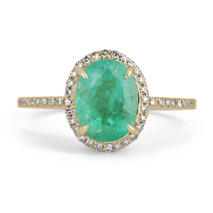 2.01tcw 14K Emerald-Oval Cut Diamond Pave Halo Engagement Ring, Yellow Gold Colombian Emerald Promise Contemporary Ring Gift