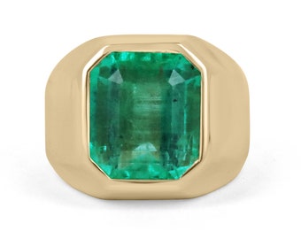 AAA Top 8.51ct HUGE Bezel Set Colombian Emerald Solitaire 18K Gypsy Ring, Mens Emerald Solitaire Ring, Men Emerald Gold Signet Pinky Ring