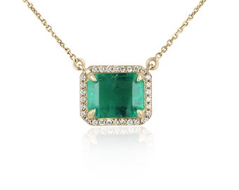 4.0tcw Natural Emerald-Emerald Cut & Diamond Halo Necklace, Rare Lustrous Bluish-Green Emerald, Solid Gold Stationary Necklace, Horizontal