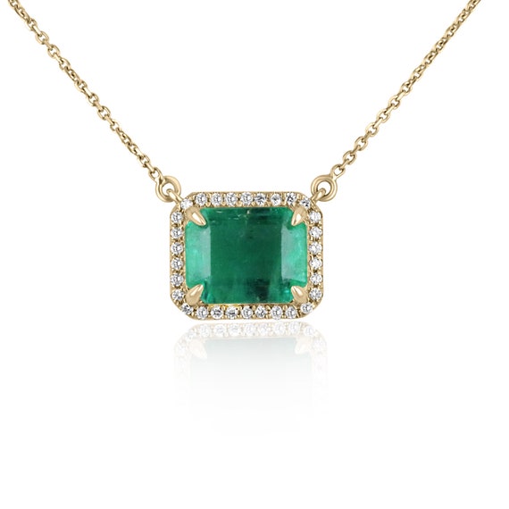 4.0tcw Natural Emerald-emerald Cut & Diamond Halo Necklace