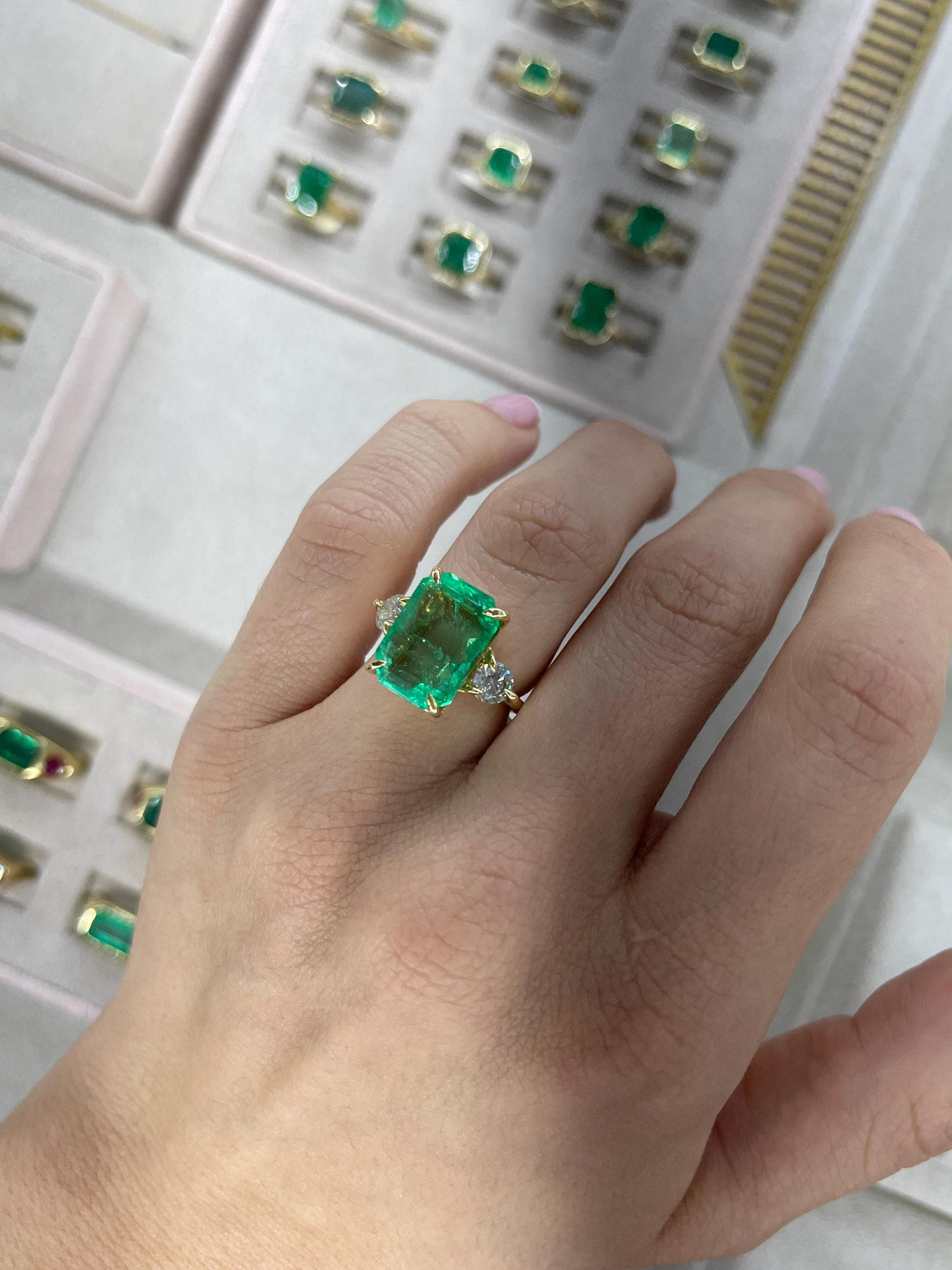 8.92tcw 18K Transparent Emerald Cut Colombian Emerald & Diamond