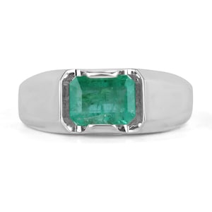 2.40ct Men&#39;s Emerald Cut Emerald Set in Sterling Silver .925 Ring, Unisex Emerald Ring Set East to West, Tension Set Natural Emerald Ring SS