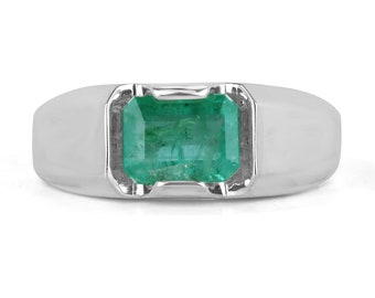2.40ct Men's Emerald Cut Emerald Set in Sterling Silver .925 Ring, Unisex Emerald Ring Set East to West, Tension Set Natural Emerald Ring SS
