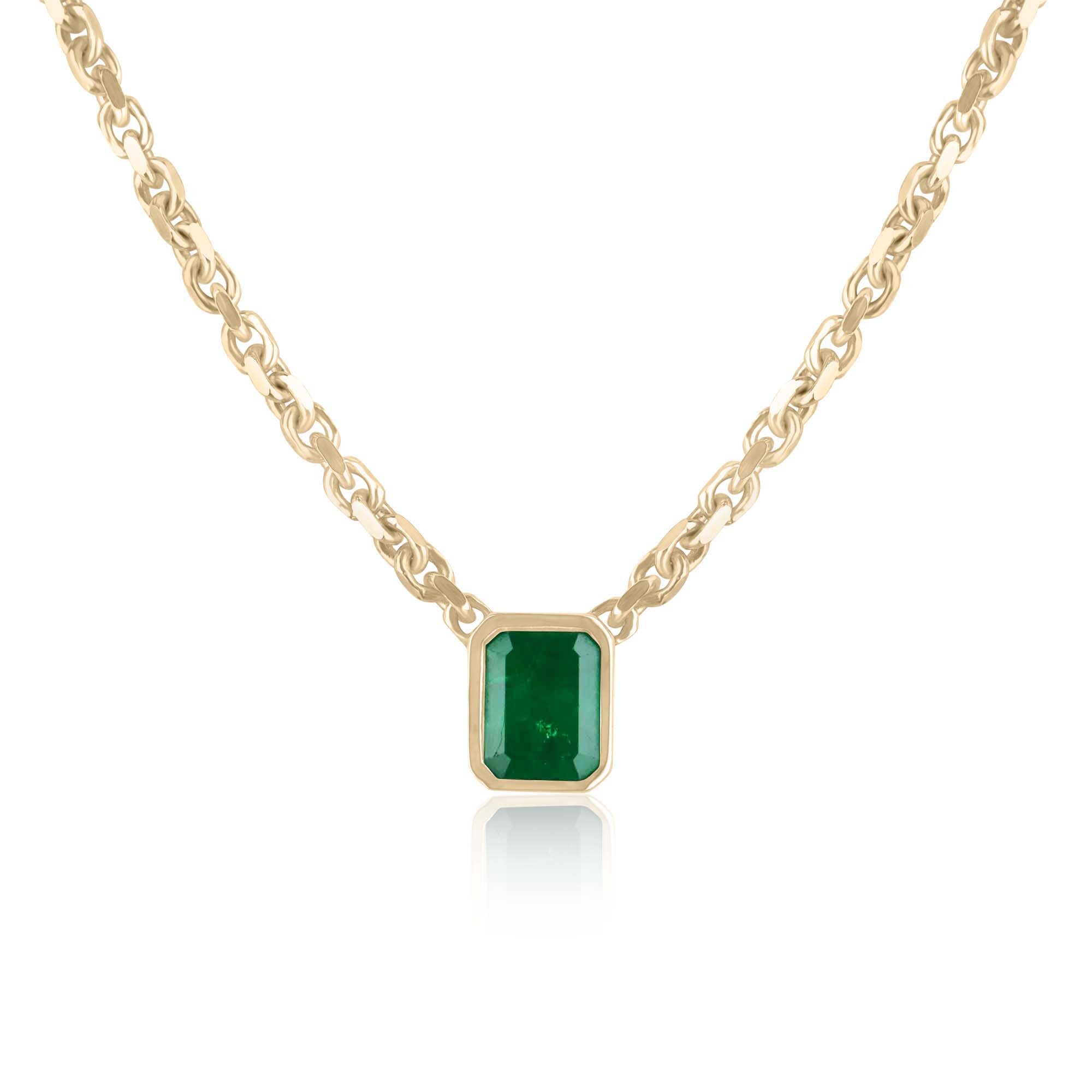 3.45ct 14K Natural Emerald Cut Emerald Bezel Solitaire Necklace, Dark Green Bezel Set Emerald Necklace, 3mm Anchor Chain Emerald Bezel Neckl