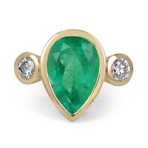 8.0tcw Pear Colombian Emerald & Diamond Three Stone Ring 18k,Bezel Pear Emerald Three Stone Gold Ring, Teardrop Emerald + Round Diamond Ring