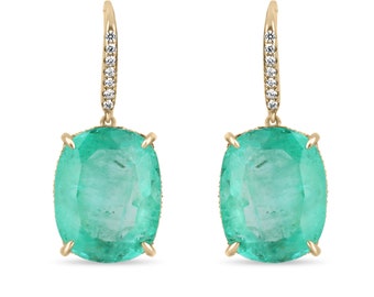 25.70tcw Large Cushion Cut Colombian Emerald & Diamond Dangle Earrings 18K, Emerald DanglecEarrings, 18K Emerald Gold Earrings