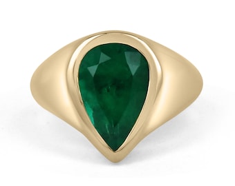 3.55cts AAA+ Bezel Teardrop Emerald Solitaire 18K Ring, Gold Emerald Pear Ring, Gypsy Emerald Gold Ring, Teardrop Emerald Gold Gypsy Ring