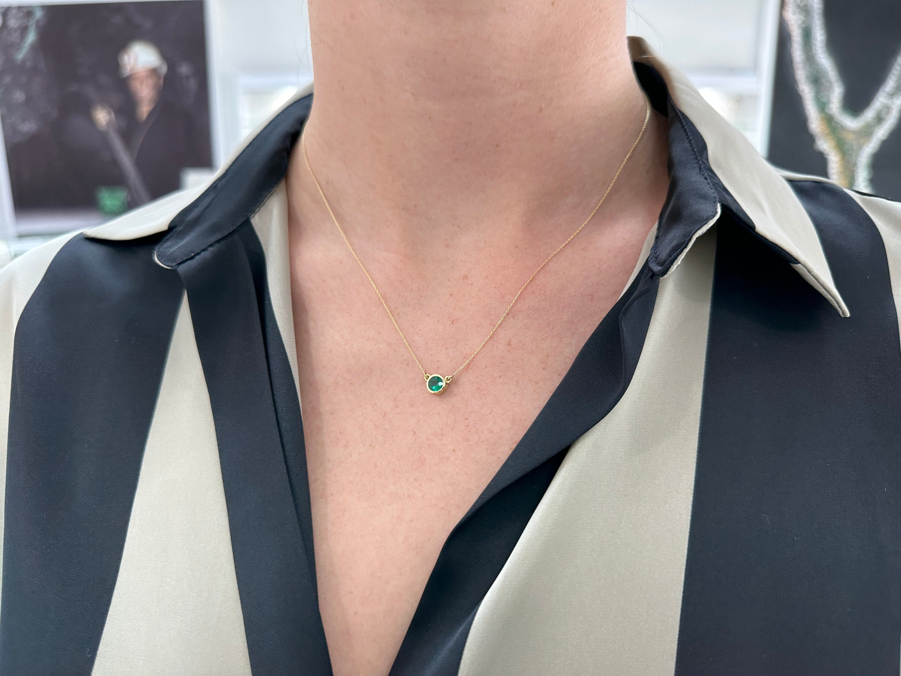 0.42ct 18K AAA Quality Round Cut Emerald Necklace, Bezel Set