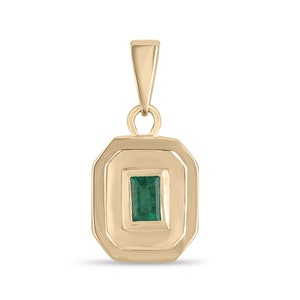 0.40ct 14K Natural Emerald Cut Emerald Bezel Set Pendant Necklace, North to South Set Emerald in Gold, Lush Green Emerald Unisex Charm