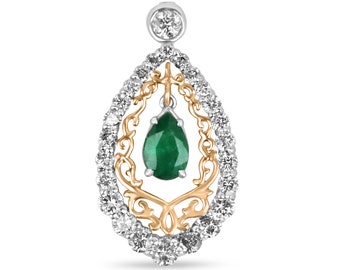 1.43tcw Pear Emerald & Diamond Two Toned Statement Necklace 14K, Vintage Teardrop Emerald + Diamond Halo Pendant, Floating Emerald Pendant