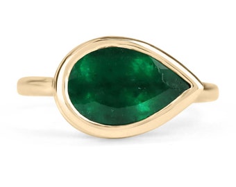 2.18cts Dark Forest Green Bezel East to West Set Emerald Pear Solitaire Ring 14K, Solitaire Top Green Emerald Pear Side ways Ring 14K