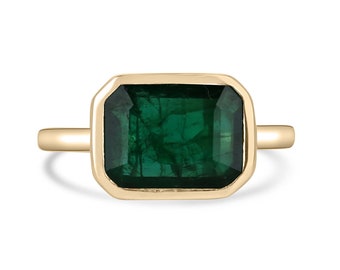 2.90cts Bezel Set Natural Emerald Solitaire 14K Right Hand Ring, East to West Emerald Ring, Emerald Cut Emerald Gold Ring, Emerald Gold Ring
