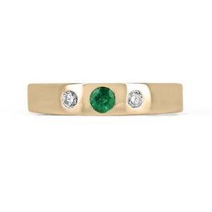 0.32tcw Natural Emerald & Diamond Three Stone Band Ring Medium Dark Green Round Emerald and Round Cut Diamond Bezel Set Band Ring 14K Gold