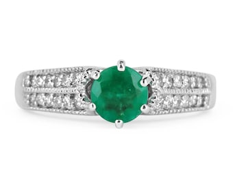 0.93tcw Colombian Emerald & Diamond Double Pave Shank Engagement Ring, 6 Prong Emerald Engagement Ring,Emerald Solitaire w Accents Ring