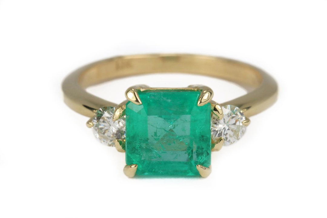 2.52tcw 14K Three Stone Emerald & Diamond Ring 14k Emerald - Etsy