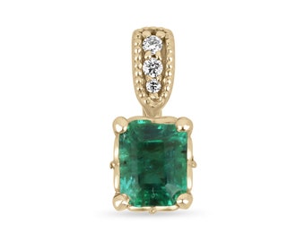 May include: A gold pendant featuring a square emerald gemstone surrounded by a delicate gold frame. The pendant is accented with four small diamonds set in a row along the bail.