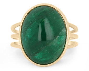 15.77CT Huge Cabochon Emerald Solitaire Triple Shank Vintage Gold Ring 14K, Boho Large Solitaire Cabochon Emerald Ring 14K Present For her