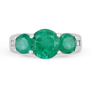 3.55 Carats Emerald & Diamond Three Stone Engagement Ring 14K Gold, Emerald Engagement Ring, Emerald Ring, Round Emerald Engagement Ring