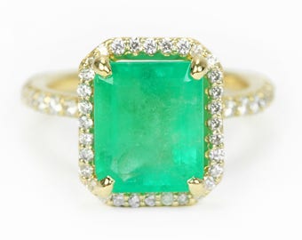 3.20tcw Emerald And Diamond Engagement Ring Halo Emerald Cut Ring 14K Yellow Gold, Natural Emerald Wedding Ring, Diamond And Emerald Ring